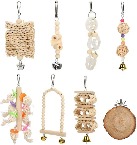 Vista 9 de Juego de juguetes de loros de pájaros, madera natural, escalada de pájaros, masticar, colgante, jaula, juguetes para mascotas, pájaros, ejercicio