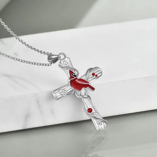 Vista 5 de POPKIMI Collar con colgante de cardenal rojo, plata de ley S925, joyería cardenal de cristal de pájaro rojo, conmemorativo de árbol cardenal rojo