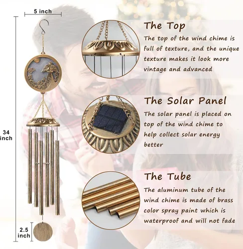Vista 5 de Carillones de Viento, Carillones de Ángel Solar con Tono Profundo, Regalo Conmemorativo para Mamá/Abuela/Mujeres, Campanillas de Viento al Aire