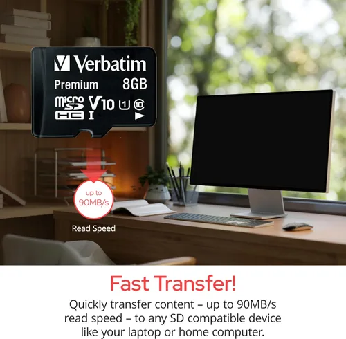 Vista 9 de Verbatim 8GB Tarjeta de Memoria Premium microSDHC con Adaptador UHS-I V10 Clase 10 Soporta Full HD (1080p) Velocidad U1 Calificada Hasta 80MB/s
