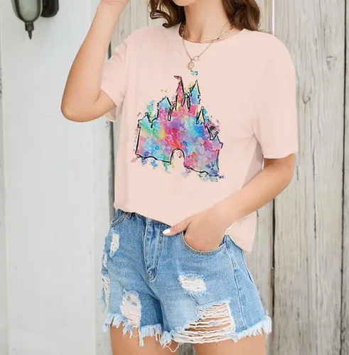 Vista 3 de Camiseta mágica para mujer, camiseta de reino mágico con estampado de castillo, camiseta familiar de manga corta, tops casuales de verano