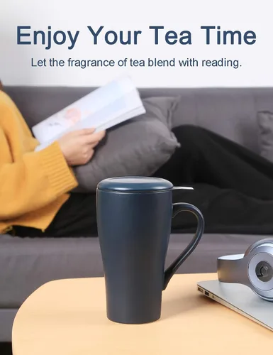 Vista 3 de Taza de té con infusor y 2 tapas, taza infusor de té grande de 18 onzas, taza coladora de té para hojas sueltas, taza de viaje con soporte para Azul