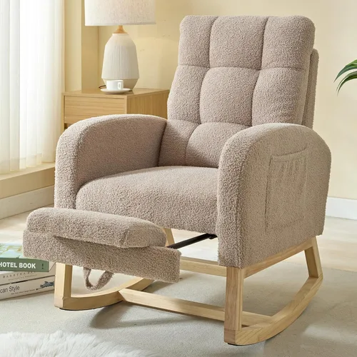 Vista 14 de NIOIIKIT Mecedora Moderna para Guardería, Mecedora Tapizada Teddy con Reposapiés, Cómoda Mecedora Deslizante con Bolsillo Lateral para Sala