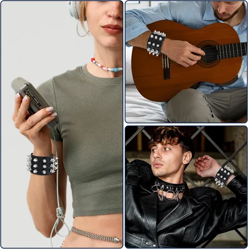 Vista 6 de 2 pulseras con tachuelas góticas, punk rock, rock, pulseras exageradas de cuero negro remache pulsera ajustable de correa ancha con botón de metal