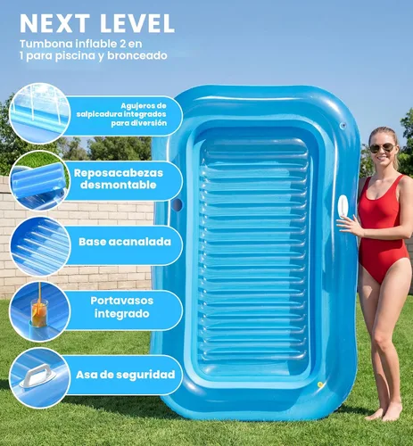 Vista 4 de Inflatable Tanning Pool Lounger Float with Sprinkler, 77" x 48" XL Tanning Pool for Adults with Pillow & Cup Holder, 6 in 1 Suntan Tub Sunbathing