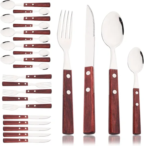 Vista 10 de JASHII Juego de cubiertos de mango de madera, servicio para 6 personas, juego de cubiertos de acero inoxidable SUS304 de 24 piezas con mango