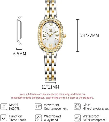 Vista 6 de SHENGKE SK - Reloj de pulsera de acero de aleación sólida con detalles de cristal ovalado para mujer