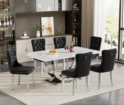Vista 55 de Juego de mesa de comedor de 5 piezas para 4, mesa de cocina de mármol negro de 68 pulgadas con 4 sillas beige, mesa de comedor rectangular moderna