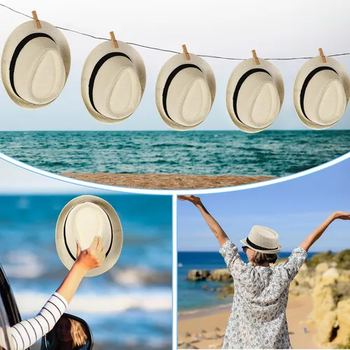 Vista 3 de Hicarer 12 sombreros de paja para mujer, sombrero Derby para hombre, sombrero de ala ancha, sombreros de Panamá de verano para playa, boda, fiesta