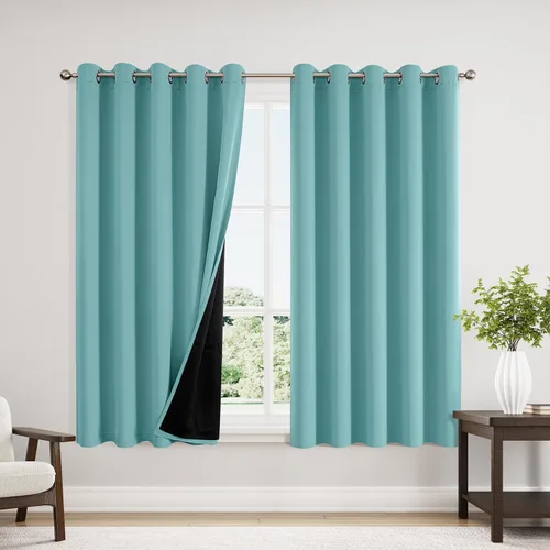 Vista 45 de ChrisDowa Cortinas 100% opacas de 63 pulgadas de largo para dormitorio con forro negro, 2 capas gruesas totalmente opacas con aislamiento térmico