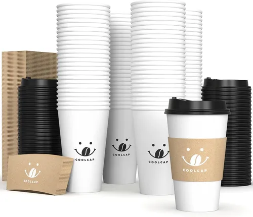 Vista 24 de Paquete de 100 tazas de café desechables de 8 onzas, tazas de papel desechables de color marrón a granel, tazas de café para té caliente, chocolate