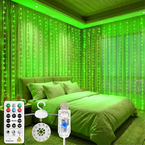 Vista 15 de HXWEIYE 300 luces LED de cortina sin enredos, 9.8 x 9.8 pies, USB, control Blanco cálido