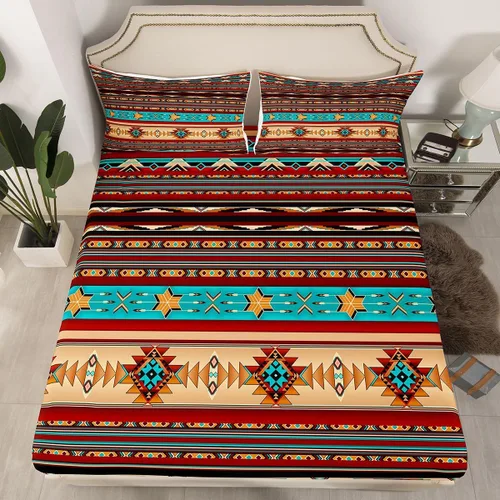Vista 18 de Juego de ropa de cama de estilo bohemio occidental, tamaño individual, diseño de vaca atrapasueños, sábana bajera ajustable del suroeste, tribu