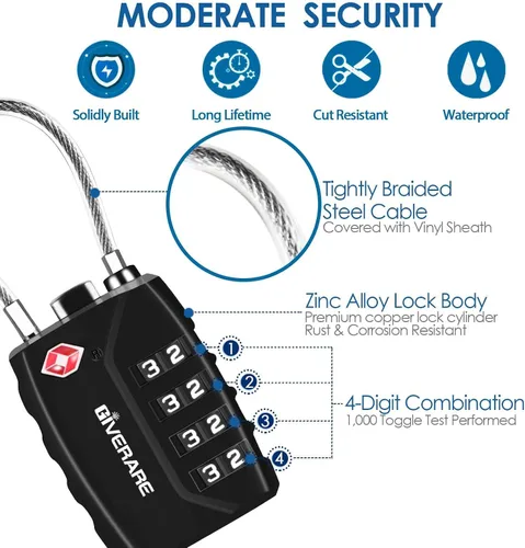 Vista 2 de 2 Pack TSA Approved Travel Luggage Locks, 4-Digit Metal Cable Combination Suitcase Lock, Alloy Padlocks, Weatherproof Padlock for Locker, Golf Bag