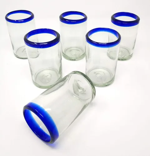 Vista 3 de Vasos mexicanos soplados a mano, juego de 6 vasos de jugo con bordes azul cobalto (8 onzas cada uno)