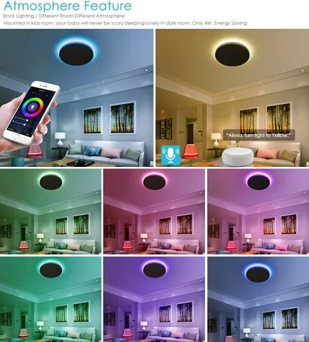 Vista 6 de TALOYA Lámpara de techo inteligente de 10 pulgadas de montaje empotrado LED con luz nocturna RGB, compatible con Alexa Google Assistant, lámpara