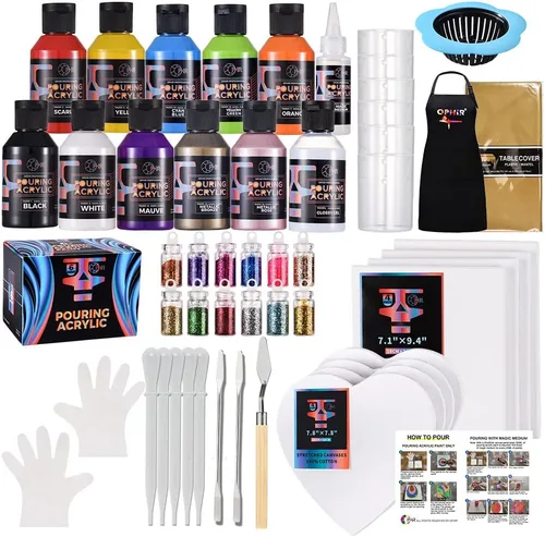Vista 13 de OPHIR Total 22.8OZ Set de Pintura Acrílica para Verter, 3 Suministros de Pintura Acrílica Premezclada para Verter en Negro y 3 en Blanco, para Juego