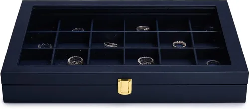 Vista 7 de Oirlv Bandeja de joyería de cuero azul de alta calidad con 24 rejillas con tapa transparente, aretes, anillos, caja organizadora, caja apilable