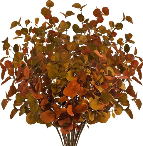 Vista 9 de 4 piezas de hojas artificiales de eucalipto de otoño, plantas de tallos verdes para el hogar, arreglo floral, boda, fiesta, otoño, Acción
