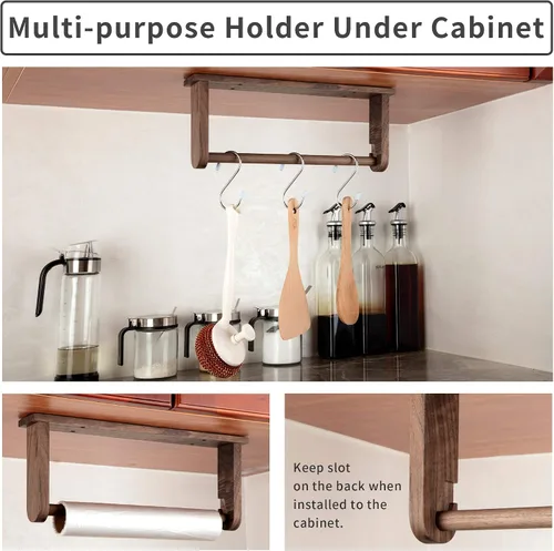 Vista 5 de Toallero de madera para debajo del gabinete de cocina, hecho a mano, montado en la pared/adhesivo, sin taladro, resistente organizador colgante