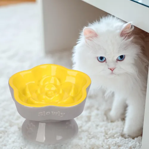 Vista 6 de S&Q's CERAMICS Cuenco elevado de alimentación lenta para gatos, cuenco elevado de cerámica para perros pequeños, comedero lento en forma de flor