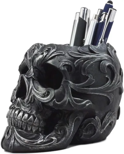 Vista 3 de Ebros Gift Juego de 2 figuras tribales de tatuaje floral para bolígrafo, 5.75 pulgadas de largo, para oficina, osario, decoración de cráneo, cabeza