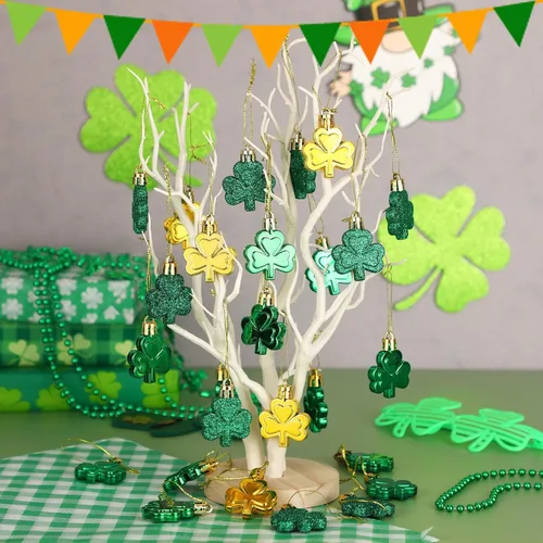 Vista 5 de JULMELON Decoraciones del día de San Patricio, 20 adornos de trébol, bolas de trébol de buena suerte para árbol y fiesta