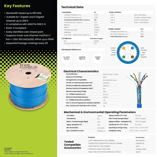 Vista 6 de TRUE CABLE Cable Ethernet a granel de elevación blindada Cat6 (CMR), 1000 pies, negro, cobre desnudo sólido 23 AWG, 550 MHz, escudo total de papel
