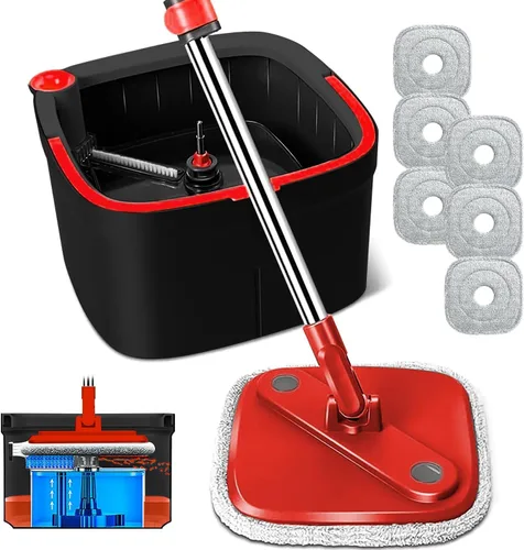 Vista 15 de Trapeador giratorio y cubo con sistema de agua sucia y limpia M16 con 2 almohadillas, cabezal de trapeador giratorio de 360° y cubo para piso