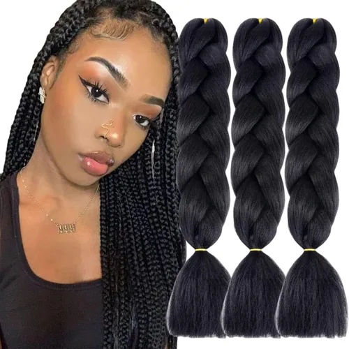 Vista 17 de 3 paquetes de extensiones de cabello sintético para trenzar de color negro a azul, tamaño jumbo ombré, de 24 pulgadas o trenzas de ganchillo
