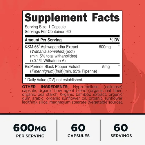 Vista 2 de Primal KSM-66 Ashwagandha Complex (60 cápsulas/60 porciones, 600 mg por porción) – Ashwagandha KSM-66 con extracto de pimienta negra, sin gluten