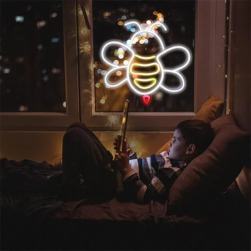 Vista 5 de Letreros de luz de neón LED Abeja, elefante, tortuga marina, dinosaurio, animal, lámparas de neón, luz de arte para colgar en la pared, habitación