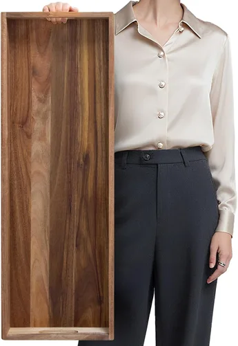 Vista 8 de MAONAME Bandeja otomana extra grande, bandeja de servir de madera de acacia de 22 x 18 pulgadas con asas, bandejas decorativas de madera