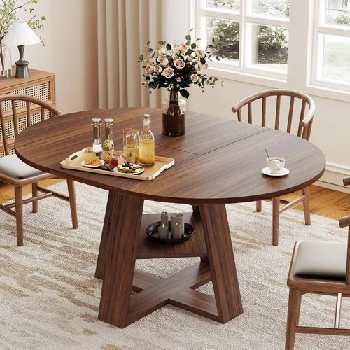 Vista 11 de Aivermel Mesa de comedor ovalada extensible de 43.3 a 59 pulgadas para 4-6, mesa de comedor redonda de madera de ingeniería con almacenamiento