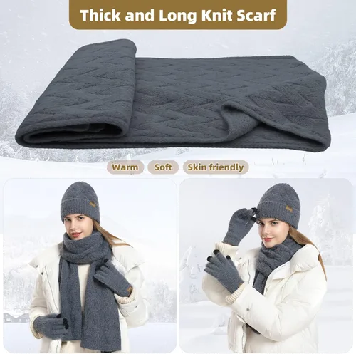 Vista 4 de Gorro de punto de invierno para mujer con guantes para pantalla táctil, gorro de pompón, bufandas para el cuello para hombres