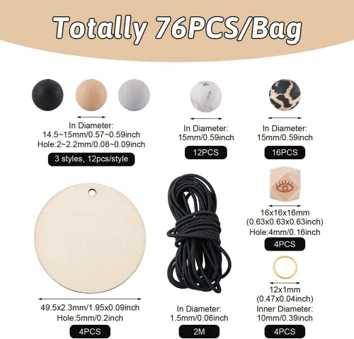 Vista 3 de Kit de fabricación de pulseras de silicona, 64 cuentas redondas de silicona con 4 cuentas de madera octágonas con patrón de ojos, 4 colgantes