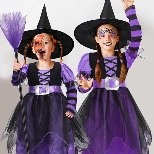 Vista 6 de Juego de 4 piezas de disfraz de Halloween, sombrero de bruja de lujo, escoba, falda tutú, rayas hasta el muslo, medias altas para niños y niñas