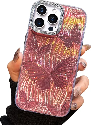 Vista 18 de I-MGAE-IN-AR Funda compacta para iPhone 11, diseño de mariposa, marco de protección de lente de cámara con diamante 3D, bonitas fundas protectoras