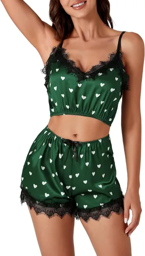 Vista 5 de LYANER Conjunto de pijama de satén con lunares para mujer, 3 piezas, lencería de encaje, ropa de dormir con bata