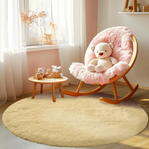 Vista 4 de Alfombra redonda beige para dormitorio: alfombra suave y esponjosa de 4 x 4 pies para sala de estar, alfombra redonda de felpa peluda