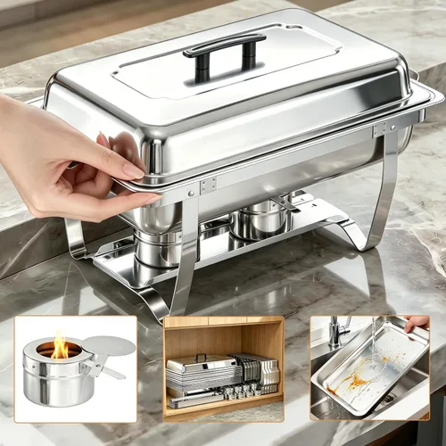 Vista 7 de Juego de Bandejas Calentadoras (Chafing Dish) para Buffet de 4 Piezas, Bandeja de Comida Rectangular Plegable de Acero Inoxidable de 8 Cuartos
