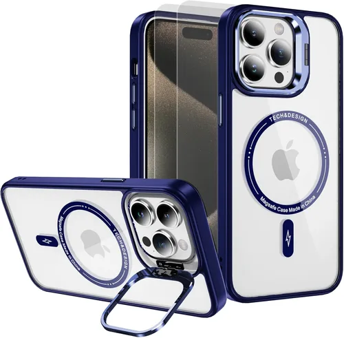Vista 28 de Funda magnética para iPhone 11 [compatible con MagSafe] con 2 protectores de pantalla de vidrio templado con soporte de anillo, grado militar Azul