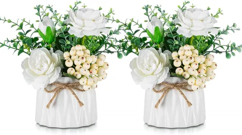 Vista 11 de BLOSMON Flores sintéticas en jarrón para decoración de mesa, 2 piezas, pequeñas, rosas rosadas