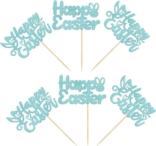 Vista 3 de Gyufise Paquete de 24 adornos azules con purpurina para cupcakes de Pascua con orejas de conejo de Pascua, decoraciones para fiesta de Pascua