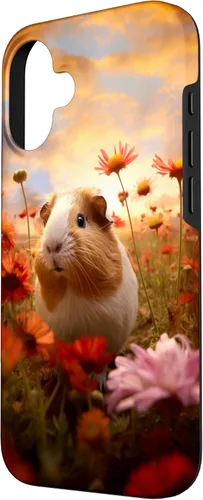 Vista 2 de Carcasa para iPhone 16 con diseño de conejillos de indias y flores para amantes de mascotas exóticas