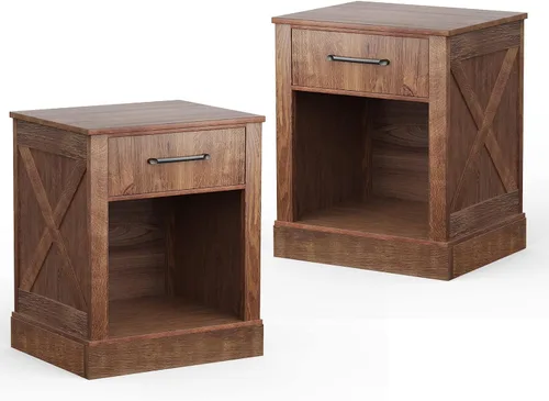 Vista 10 de Giantex Mesita de noche de granja, mesa auxiliar rústica con cajones y compartimento abierto, mesa auxiliar de madera para dormitorio, mesita