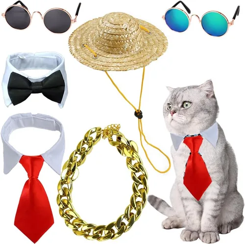 Vista 10 de Disfraz de 4 piezas para mascotas, perro, gato, corbatín para mascotas, collar formal ajustable para gatos, perros pequeños, accesorios de aseo