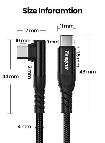 Vista 7 de Cable USB C a USB-C, paquete de 3 cables Fasgear 60W PD 3.0 de 6 pies de carga rápida trenzado USB 2.0 tipo C en ángulo recto 480Mbps compatible