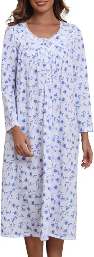 Vista 15 de Camisones largos de algodón para mujer, 100% algodón, vestido de noche de manga larga para mujer, ropa de dormir vintage A rosa