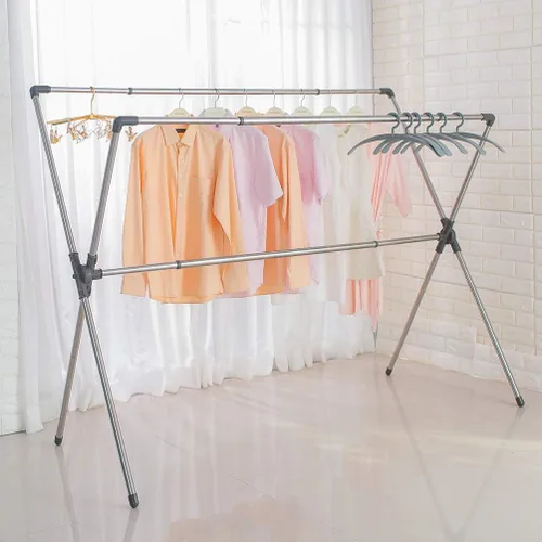 Vista 5 de BAOYOUNI Estante plegable de secado de ropa de acero inoxidable con doble poste, barras expandibles, ahorro de espacio, retráctil, resistente